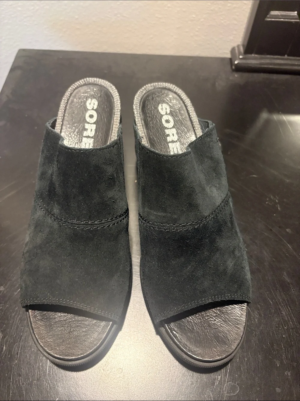 Sorel Black Suede Open-Toe Slip-On Wedge Sandals